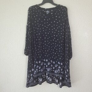 ANGIE black floral mini dress, size M, women's 100% rayon, 3/4 sleeves embroider